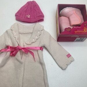 American Girl Doll Pink Sweater Coat + Hat outfit EUC + New Snow Boots Rosy Snow